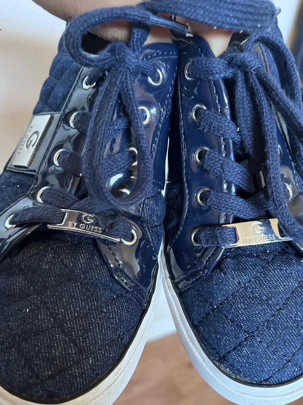 G by Guess Navy Quilted Lace-Up Sneakers with Silver Hardware - Size 7.5M